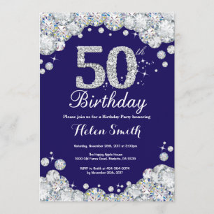 Convite 50º aniversário Marinho Azul e Diamante Prateado
