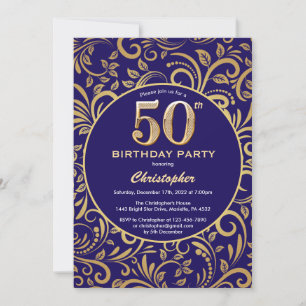 Convite 50º Aniversário Marinho Azul e Dourado Padrão Flor