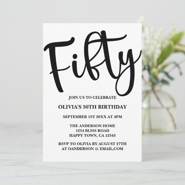 Convite 50º aniversário moderno preto e branco (Em pé/Frente)