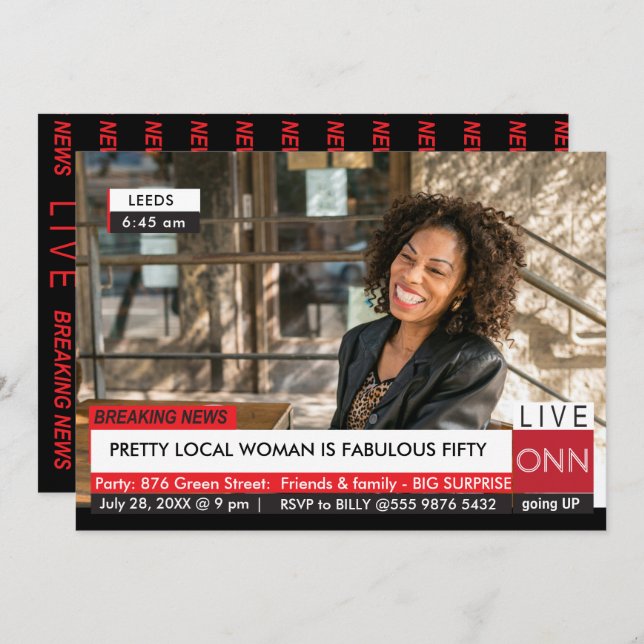 Convite 50º Aniversário Mulheres Engraçadas Notícias na TV (Frente/Verso)