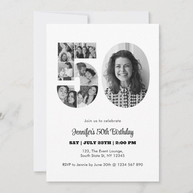 Convite 50º Aniversário Número 50 Colagem de Fotos Preto B (Frente)
