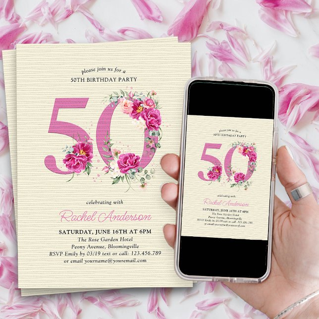 Convite 50º Aniversário Pink Peony Floral Número 50 (50th Birthday Invitation with pink floral number 50 - elegant vintage design with roses and peonies)