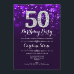 Convite 50º aniversário - Prata Roxa<br><div class="desc">50º Convite de Aniversário. Elegante design branco roxo com prata brilhante. Aniversário adulto. Apresenta diamantes e fontes de script. Homens ou mulheres convidam no dia. Perfeito para uma festa de aniversário na moda. Envie-me uma mensagem se precisar de mais personalização.</div>