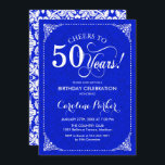 Convite 50º aniversário - Real Blue Damask<br><div class="desc">50º Convite de Aniversário. Elegante vintage design real azul e branco com cor damasco. Apresenta a fonte do script. Saúde a 50 anos! Pode ser personalizado em qualquer idade! Envie-me uma mensagem se precisar de mais personalização.</div>