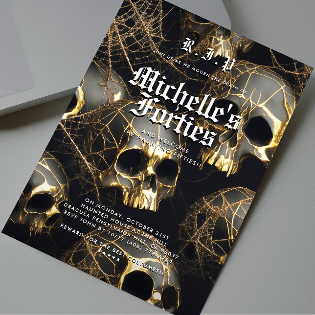 Convite 50º Aniversário RIP 40 Black Dourado Skull Modern (50th Birthday RIP Forties Black Gold Skull Modern )