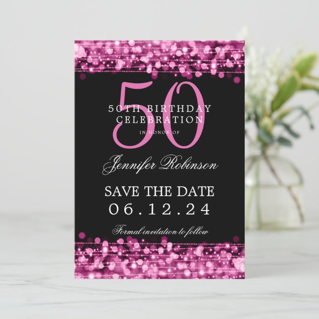 Convite 50º aniversário rosa a quente Salvar a data (Em pé/Frente)