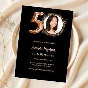 Convite 50º Aniversário, rosa de ouro preto luxo