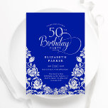 Convite 50º aniversário Rosas de Prata Azul Real<br><div class="desc">Convite de aniversário Real Azul, elegante 50º. Design clássico com rosas, folha prateada falsa e letra de script de tipografia. A Trendy convida o cartão perfeito para uma festa de na moda. Personalize com seus próprios detalhes. Pode ser personalizado para qualquer idade. Impressos convites Zazzle ou modelo de impressão digital...</div>