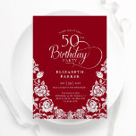 Convite 50º Aniversário Rosas de Prata Vermelha<br><div class="desc">Convite de aniversário 50º e elegante prata vermelha. Design clássico com rosas, folha prateada falsa e letra de script de tipografia. A Trendy convida o cartão perfeito para uma festa de na moda. Personalize com seus próprios detalhes. Pode ser personalizado para qualquer idade. Impressos convites Zazzle ou modelo de impressão...</div>