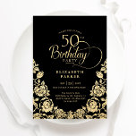 Convite 50º aniversário Rosas Dourados pretos<br><div class="desc">Ouro preto elegante 50º convite de aniversário. Design clássico com rosas, folha de ouro falsa e letra de script de tipografia. A Trendy convida o cartão perfeito para uma festa de na moda. Personalize com seus próprios detalhes. Pode ser personalizado para qualquer idade. Impressos convites Zazzle ou modelo de impressão...</div>