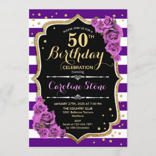 Convite 50º Aniversário Roxo Dourado com Rosas