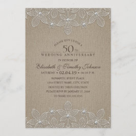 Convite 50º Aniversário Rustic Burlap and Lace