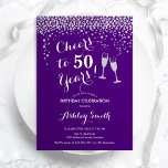 Convite 50º aniversário - Saúde A 50 Anos Prata Roxa<br><div class="desc">50º Convite de Aniversário. Saúde Para 50 Anos! Design elegante em roxo,  branco e prata. Apresenta óculos de champanhe,  fonte de script e confete prateado brilhante. Perfeito para na moda 50 festas de aniversário. Personalize com seus próprios detalhes. Pode ser personalizado para mostrar qualquer idade.</div>