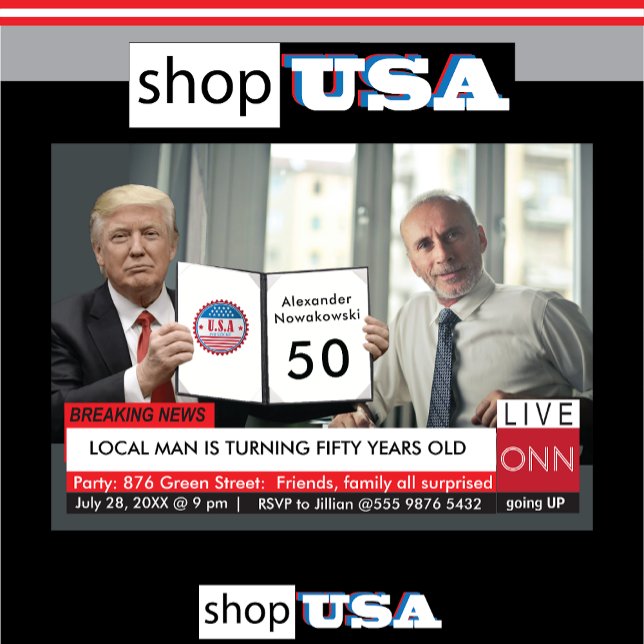 Convite 50º Aniversário Trump 🎙️ Homens Engraçado TV News ("Witty and amusing 50th birthday card for men"
"Cheeky men's birthday card for 50th celebration"
)