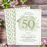 Convite 50º Aniversário Verde Densidade Selvagem Número 50<br><div class="desc">50º convite de aniversário com o número decorativo 50. Este design sutil e elegante apresenta uma lavagem a aquarela com flores silvestres delicadas,  folhagem e um quadro delicado em tons de verde.</div>
