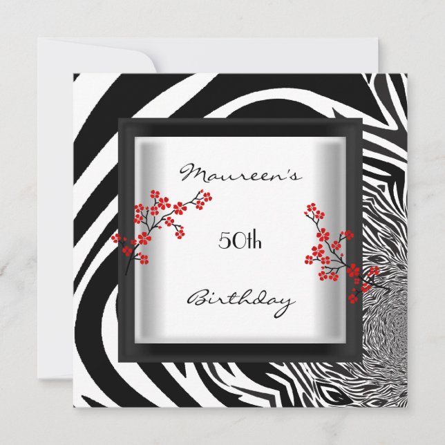 Convite 50º Aniversário Zebra Floral Asiática Vermelha Neg (Frente)