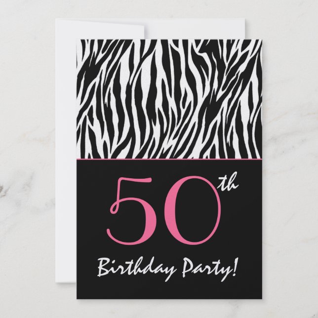 Convite 50º aniversário Zebra Stripes Black White com rosa (Frente)