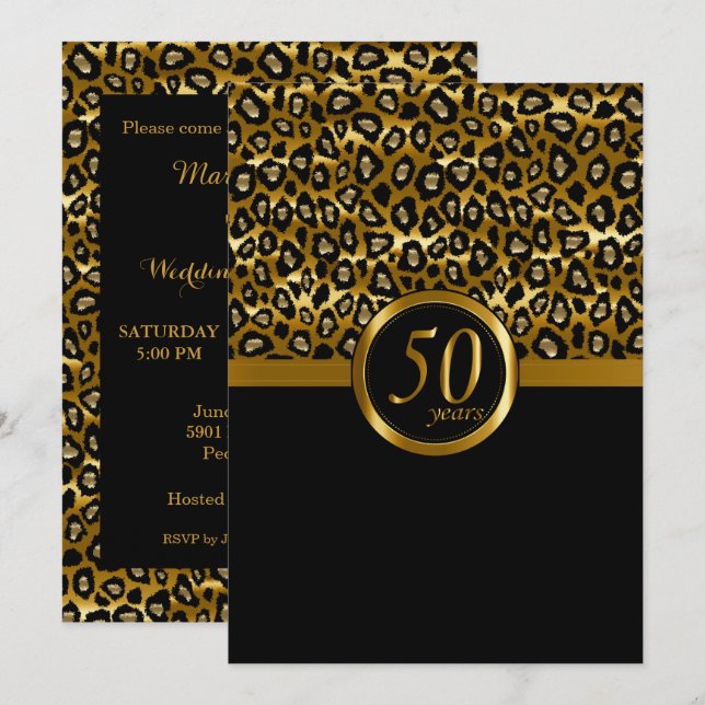 Convite 50º Ano Dourado Padrão Leopardo Aniversário (Frente/Verso)