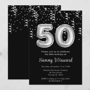 Convite 50º Balões de Prata de Aniversário com Confetti
