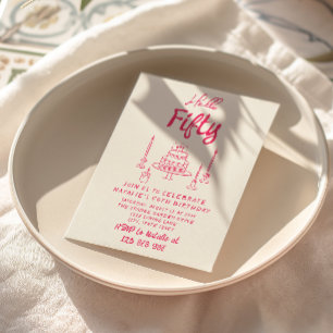 Convite 50º Bolo Rosa Desenhado à Mão Alô 50 Aniversário