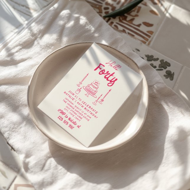 Convite 50º Bolo Rosa Desenhado à Mão Alô 50 Aniversário (Criador carregado)