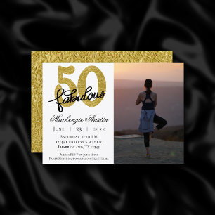 Convite 50º branco preto Dourado   Elegante 50 Foto Fabul