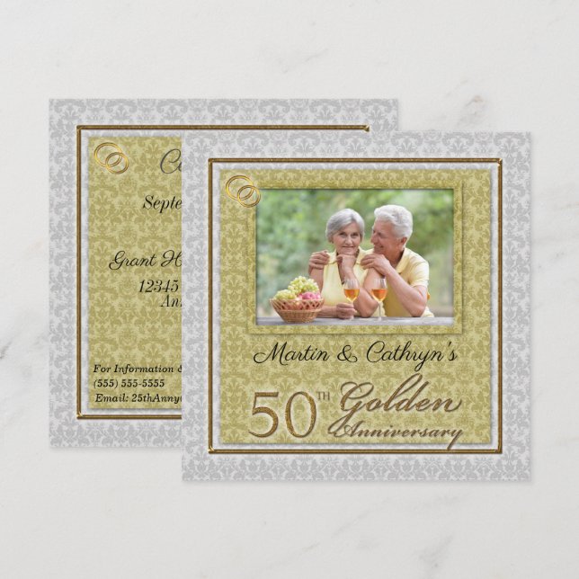 Convite 50º Damask de Aniversário Dourado com Foto (Frente/Verso)