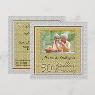 Convite 50º Damask de Aniversário Dourado com Foto