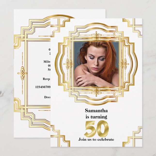 Convite 50º elegante quadro branco dourado fotográfico cin (Frente/Verso)