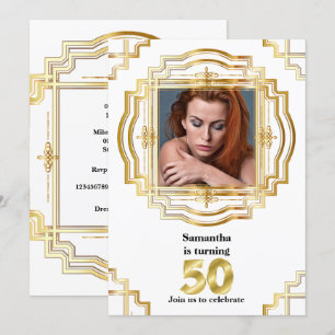 Convite 50º elegante quadro branco dourado fotográfico cin