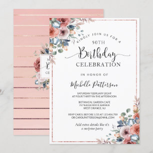 Convite 50º (ou outro) Aniversário Dourado, Blush Floral