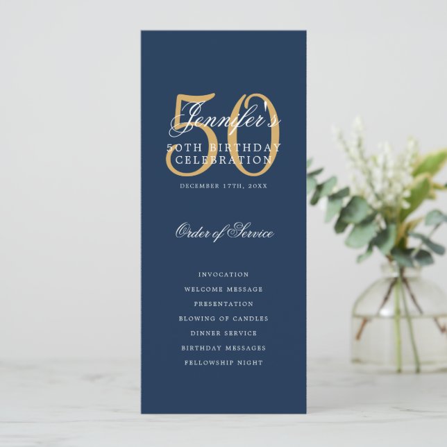 Convite 50º Programa de Aniversário, Marinho Dourado Azul  (Em pé/Frente)