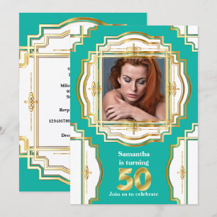 Convite 50º quadro branco de cor branca e branco, elegant