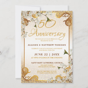 Convite 50º Quadro de Glitter Dourado Floral Aniversário d