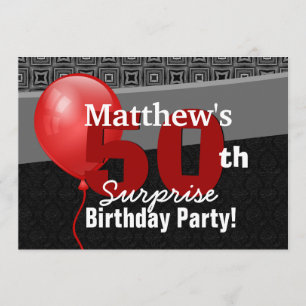 Convite 50º Surpresa Aniversário Negro Balão Vermelho Y327