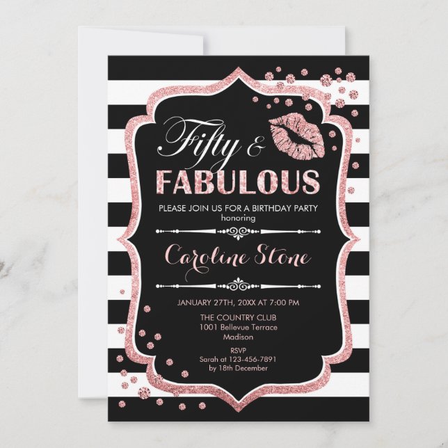 Convite 50.º aniversário - 50 Fabuloso Rosa preto Dourado (Frente)