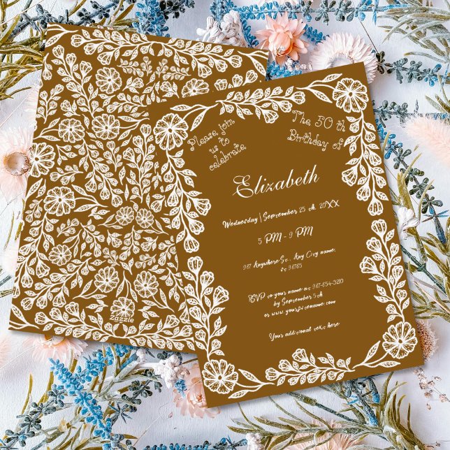 Convite 50.º Aniversário, Branco e Castanho, Banho Botânic (Criador carregado)