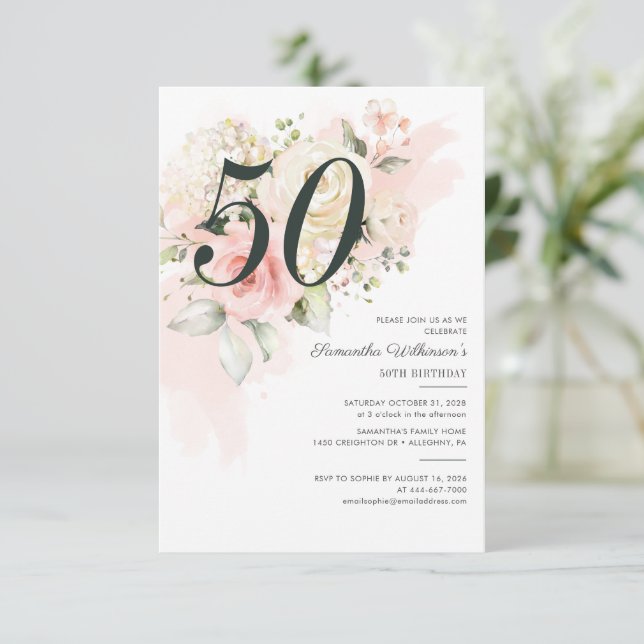 Convite 50.º Aniversário Cinza Floral Rosa Botânica (Em pé/Frente)