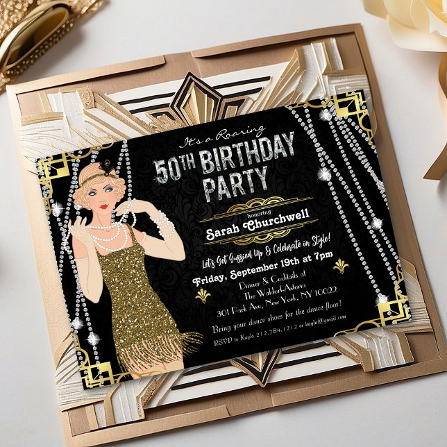 Convite 50.º Aniversário da Garota Flapper Deco Gatsby (Criador carregado)
