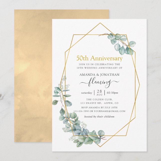 Convite 50.º Aniversário de Casamento Geométrico Eucalyptu (Frente/Verso)