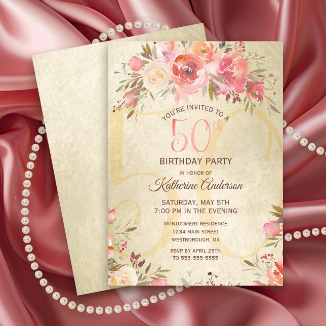 Convite 50.º Aniversário do Partido Shimmer Dourado Rosas  (Elegant 50th Birthday Party Invitation with Pink roses on a gold shimmer background)