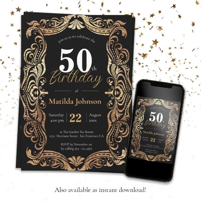 Convite 50.º aniversário Dourado Black Boho Glamorous Vint (50th Birthday Gold Black Boho Glamorous Vintage Invitation
)
