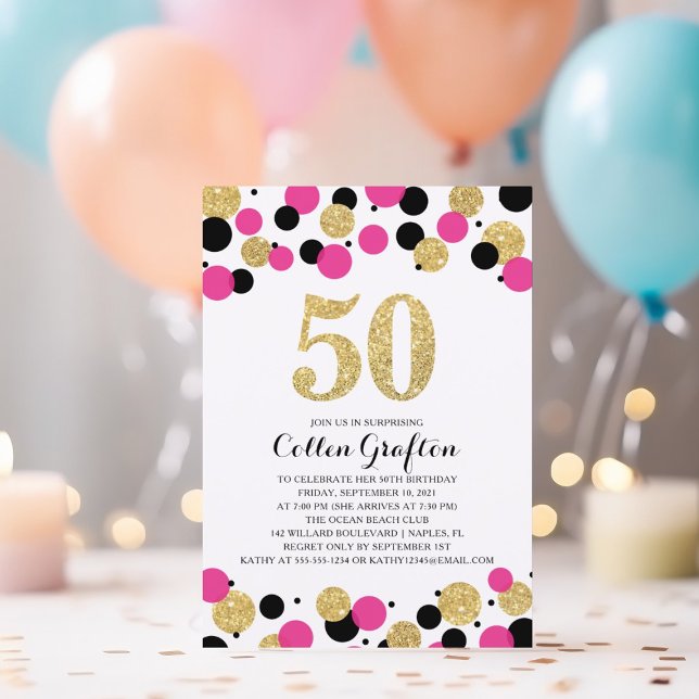 Convite 50.º Aniversário, Dourado Confetti, preto-e-rosa-q (Criador carregado)