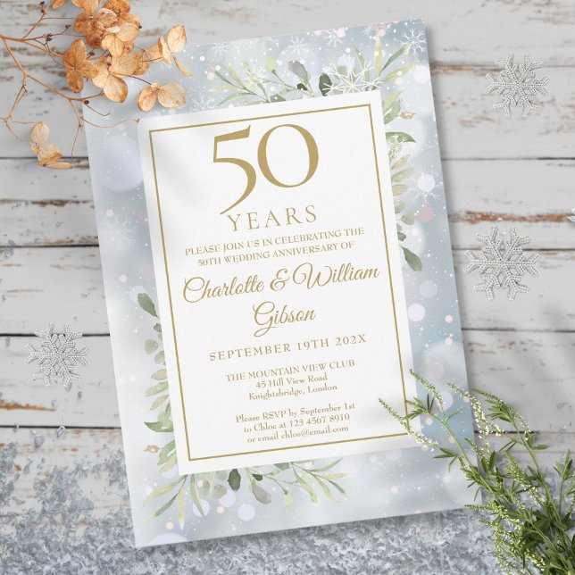 Convite 50.º aniversário Dourado Snowflakes Greenery Folha (50th Gold Anniversary Snowflakes Greenery Leaves Invitation)