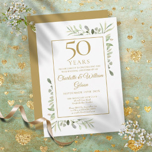 Convite 50.º aniversário Dourado "Watercolor Greenery Leav