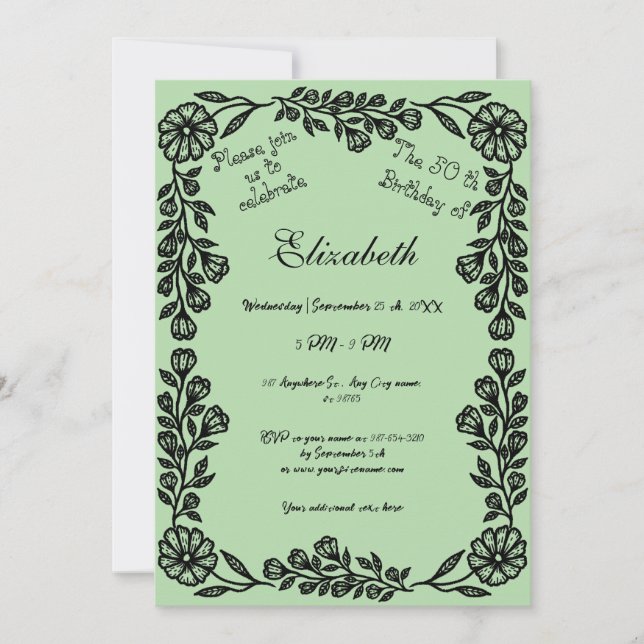 Convite 50.º Aniversário Floral Botânico Preto e Verde Pál (Frente)