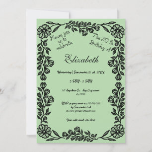 Convite 50.º Aniversário Floral Botânico Preto e Verde Pál