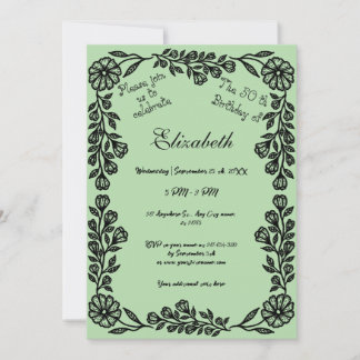 Convite 50.º Aniversário Floral Botânico Preto e Verde Pál