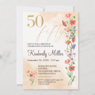 Convite 50.º Aniversário Floral - Elegante Design de Aquar