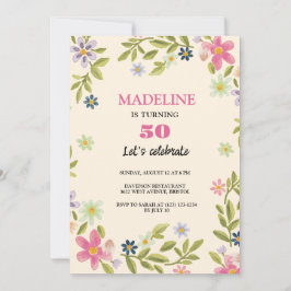 Convite 50.º aniversário flores coloridas doce aniversário